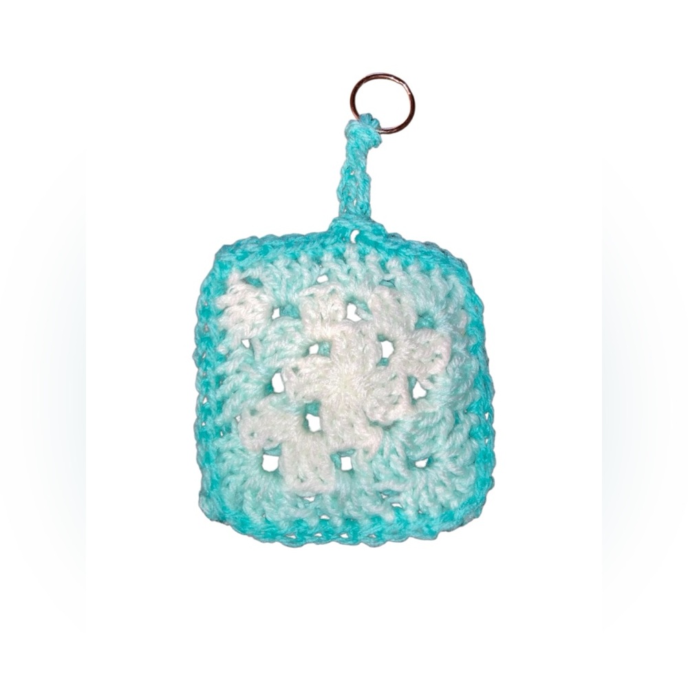 Handmade Crochet AirPod/Earbud Keychain with Blue and White Design